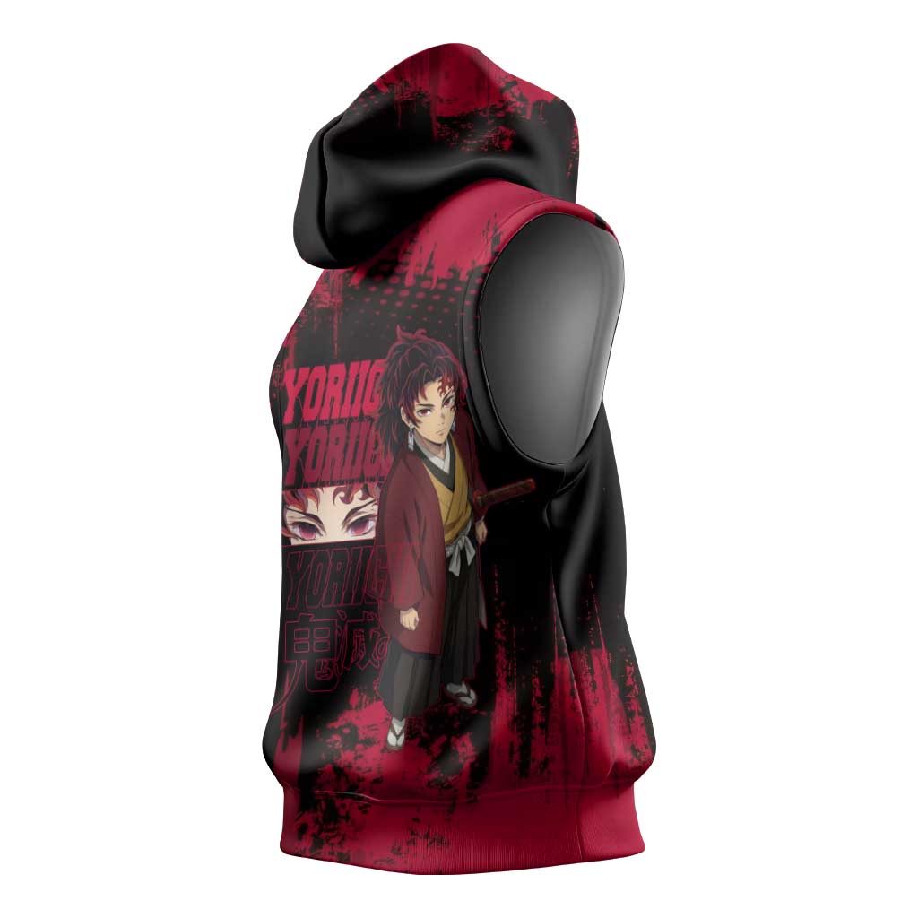 Yoriichi Tsugikuni Demon Slayer Red Grunge Design Sleeveless Hoodie with Intense Eyes and Sword Stance - The Mazicc