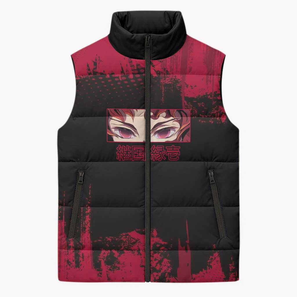 Yoriichi Tsugikuni Demon Slayer Red Grunge Design Sleeveless Puffer Jacket with Intense Eyes and Sword Stance - The Mazicc