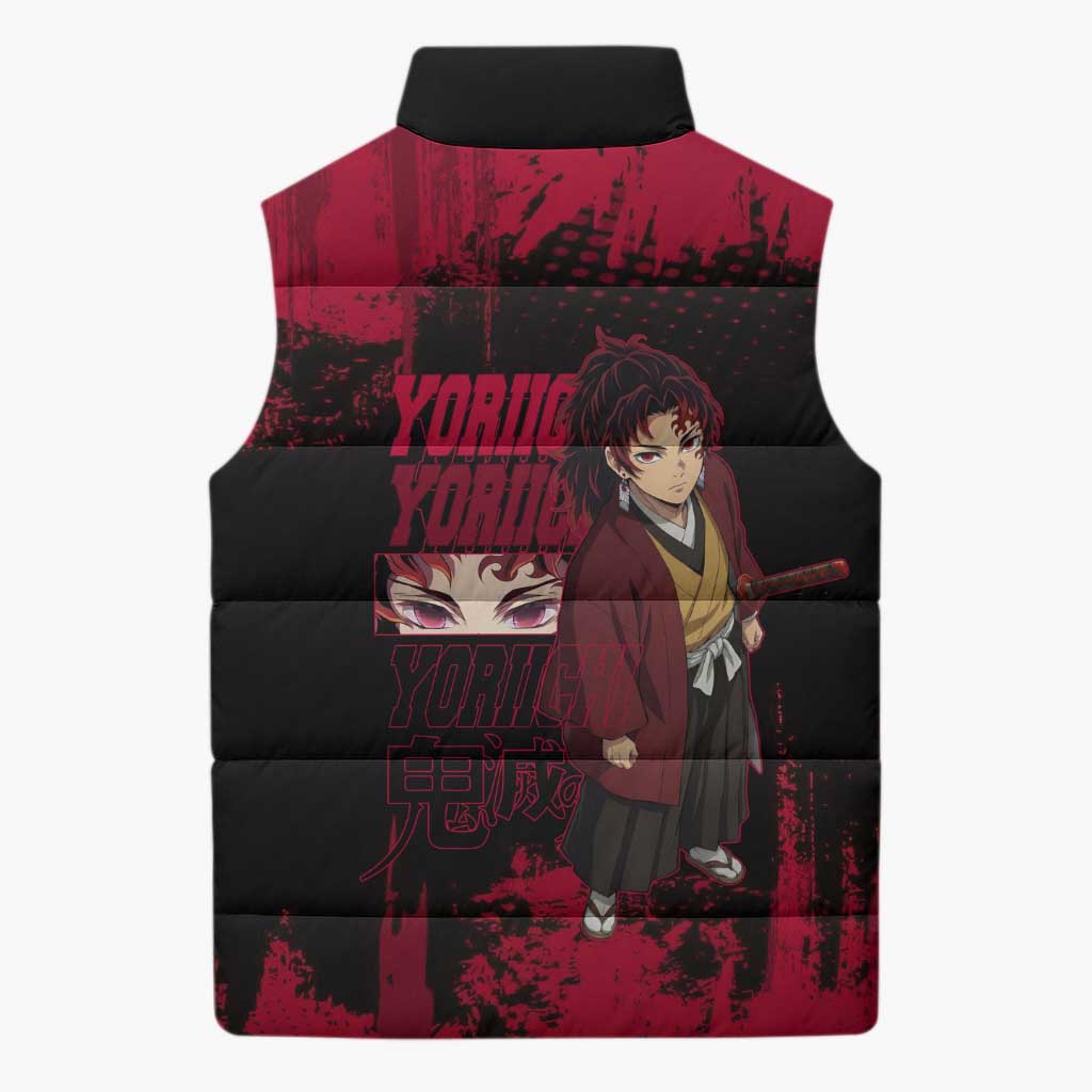Yoriichi Tsugikuni Demon Slayer Red Grunge Design Sleeveless Puffer Jacket with Intense Eyes and Sword Stance - The Mazicc
