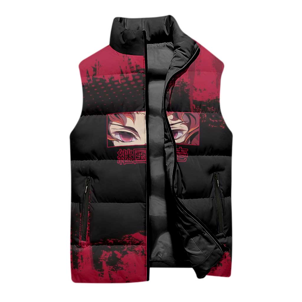Yoriichi Tsugikuni Demon Slayer Red Grunge Design Sleeveless Puffer Jacket with Intense Eyes and Sword Stance - The Mazicc