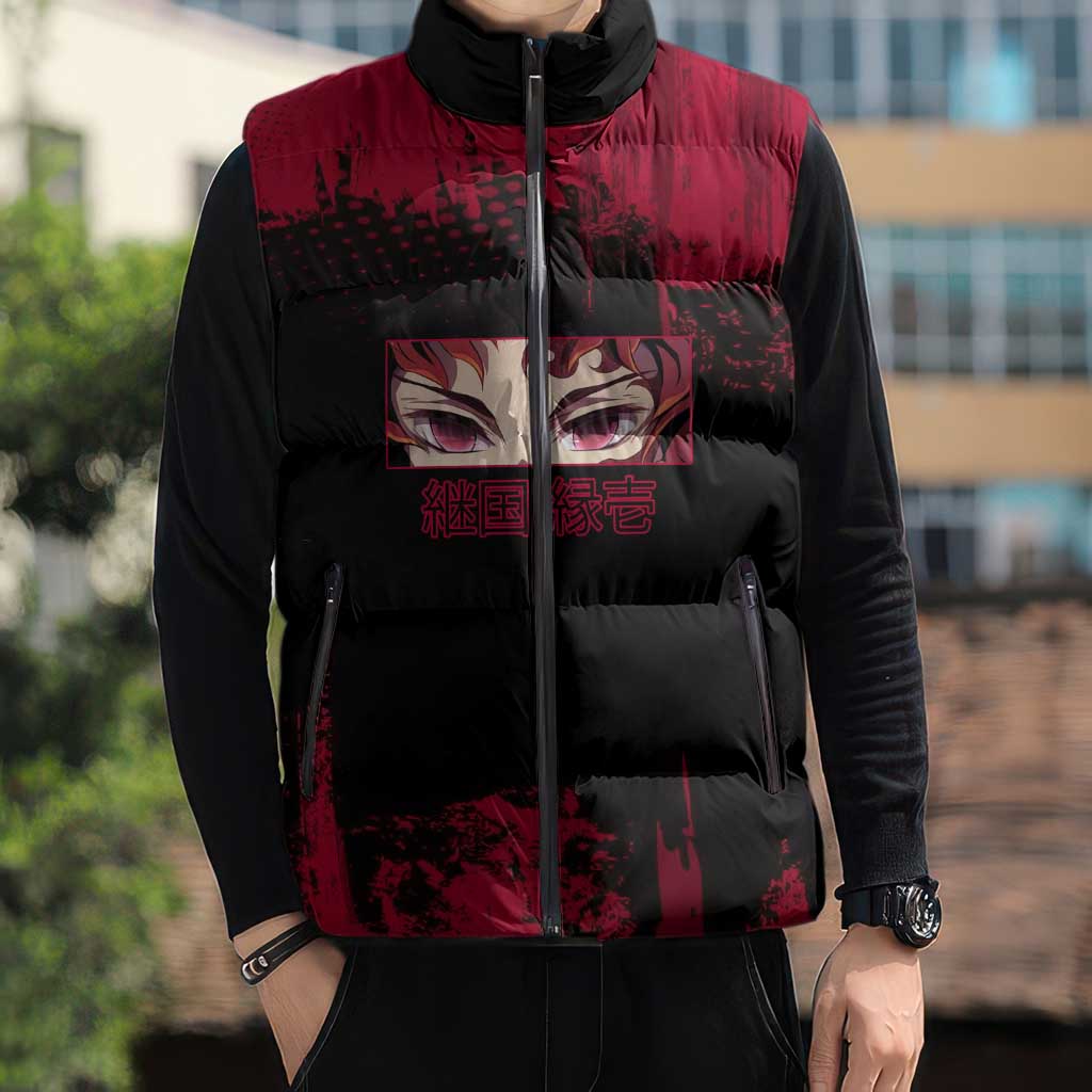 Yoriichi Tsugikuni Demon Slayer Red Grunge Design Sleeveless Puffer Jacket with Intense Eyes and Sword Stance - The Mazicc