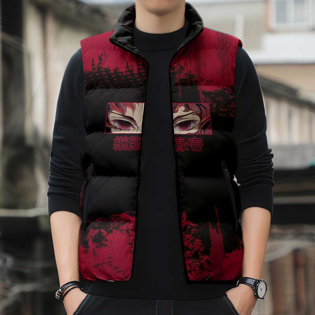 Yoriichi Tsugikuni Demon Slayer Red Grunge Design Sleeveless Puffer Jacket with Intense Eyes and Sword Stance - The Mazicc