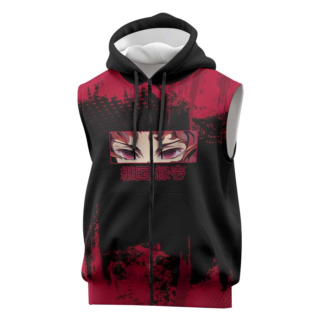 Yoriichi Tsugikuni Demon Slayer Red Grunge Design Sleeveless Zip Hoodie with Intense Eyes and Sword Stance - The Mazicc