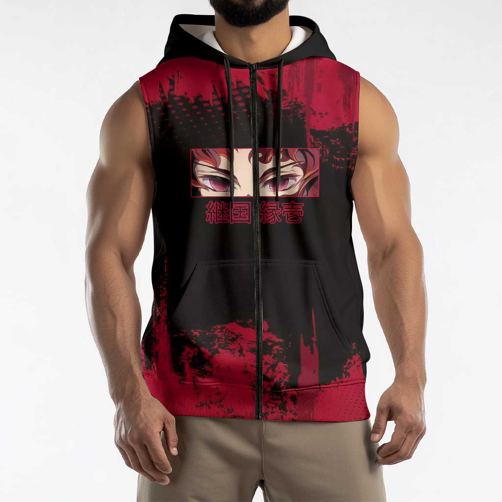Yoriichi Tsugikuni Demon Slayer Red Grunge Design Sleeveless Zip Hoodie with Intense Eyes and Sword Stance - The Mazicc