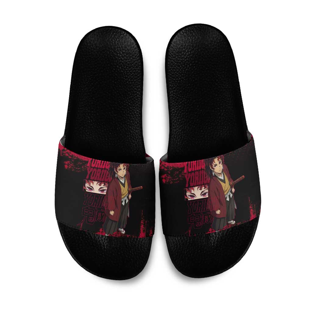 Yoriichi Tsugikuni Demon Slayer Red Grunge Design Slide Sandals with Intense Eyes and Sword Stance - The Mazicc