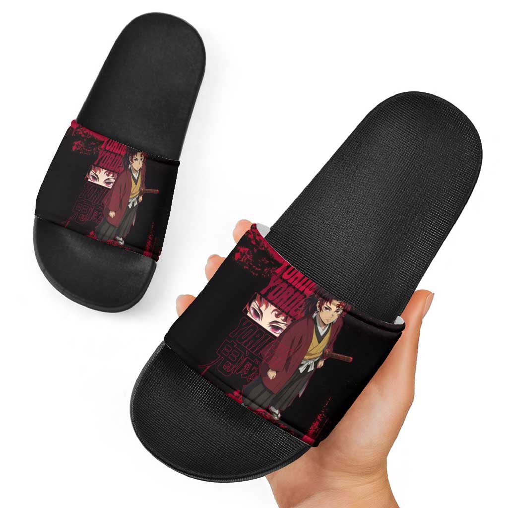 Yoriichi Tsugikuni Demon Slayer Red Grunge Design Slide Sandals with Intense Eyes and Sword Stance - The Mazicc
