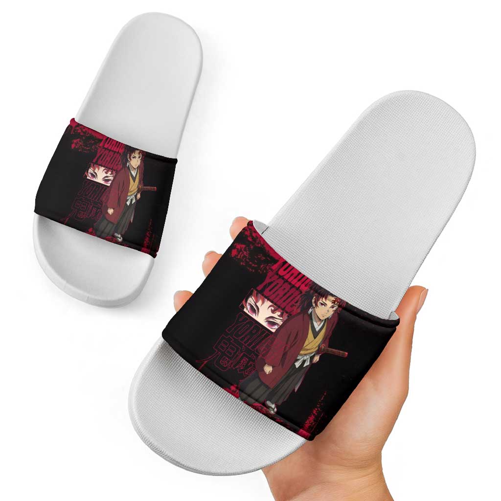 Yoriichi Tsugikuni Demon Slayer Red Grunge Design Slide Sandals with Intense Eyes and Sword Stance - The Mazicc
