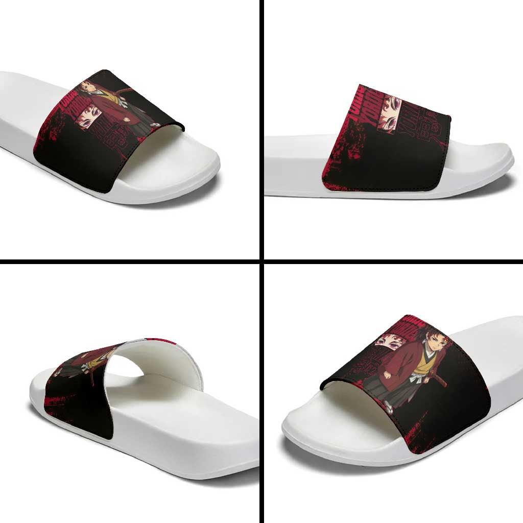 Yoriichi Tsugikuni Demon Slayer Red Grunge Design Slide Sandals with Intense Eyes and Sword Stance - The Mazicc