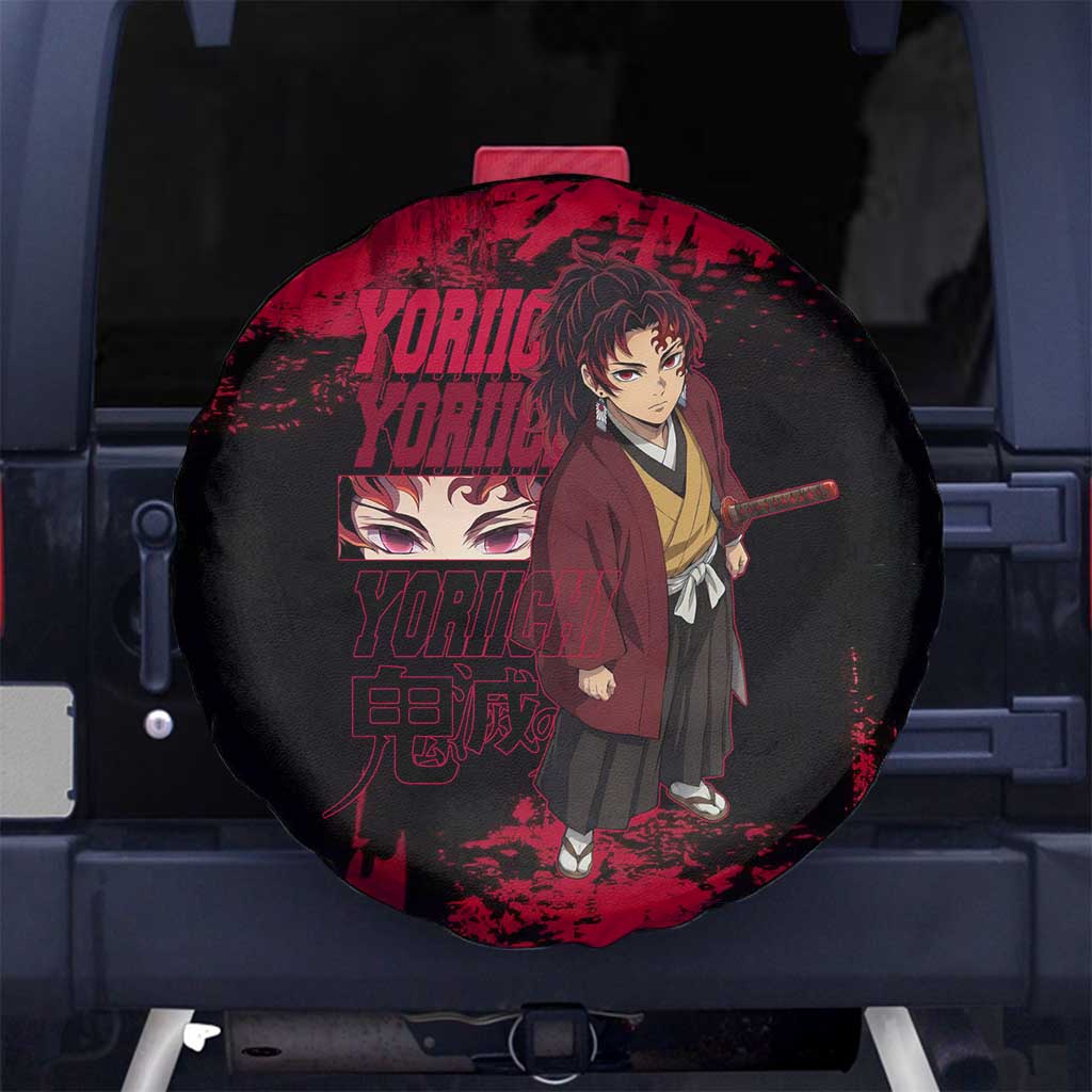 Yoriichi Tsugikuni Demon Slayer Red Grunge Design Spare Tire Cover with Intense Eyes and Sword Stance - The Mazicc