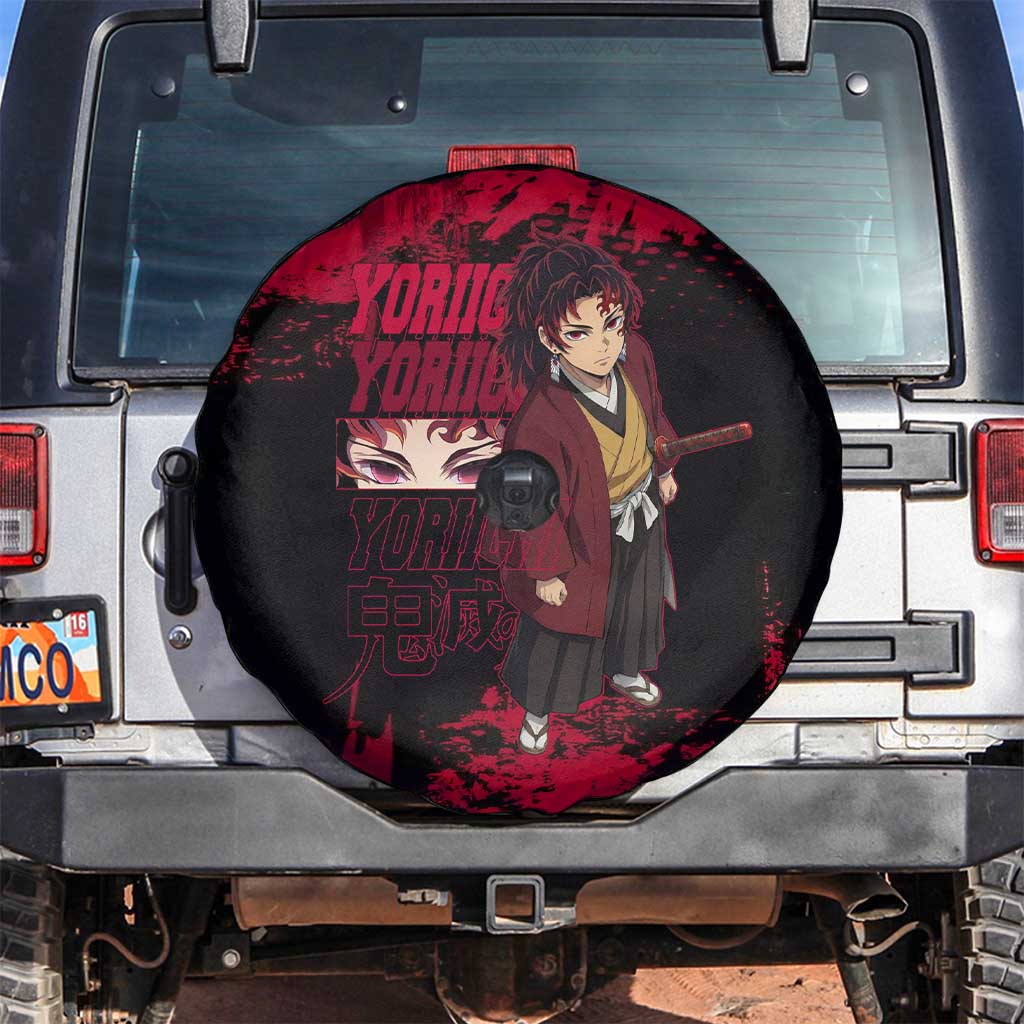 Yoriichi Tsugikuni Demon Slayer Red Grunge Design Spare Tire Cover with Intense Eyes and Sword Stance - The Mazicc