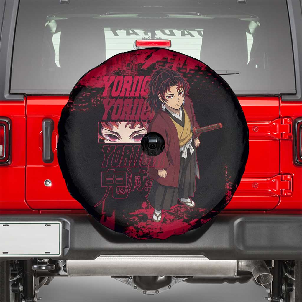 Yoriichi Tsugikuni Demon Slayer Red Grunge Design Spare Tire Cover with Intense Eyes and Sword Stance - The Mazicc
