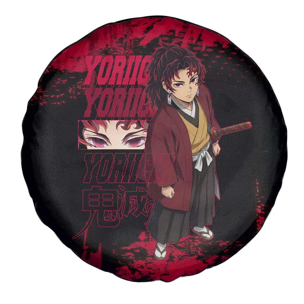 Yoriichi Tsugikuni Demon Slayer Red Grunge Design Spare Tire Cover with Intense Eyes and Sword Stance - The Mazicc