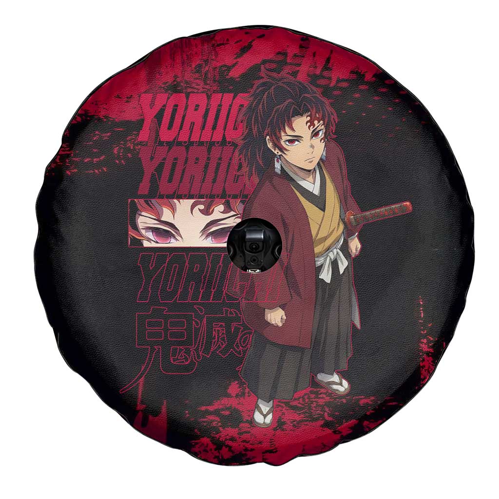 Yoriichi Tsugikuni Demon Slayer Red Grunge Design Spare Tire Cover with Intense Eyes and Sword Stance - The Mazicc