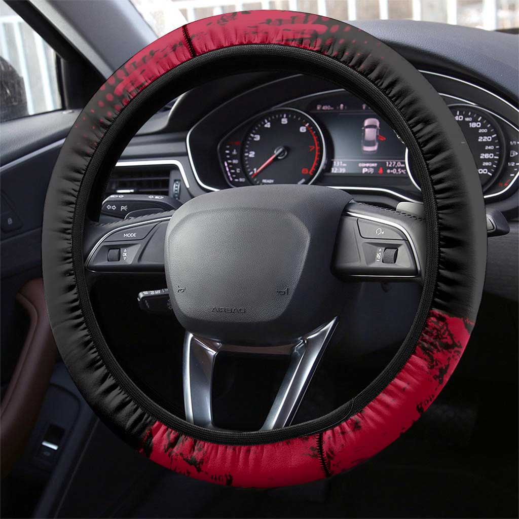 Yoriichi Tsugikuni Demon Slayer Red Grunge Design Steering Wheel Cover with Intense Eyes and Sword Stance - The Mazicc