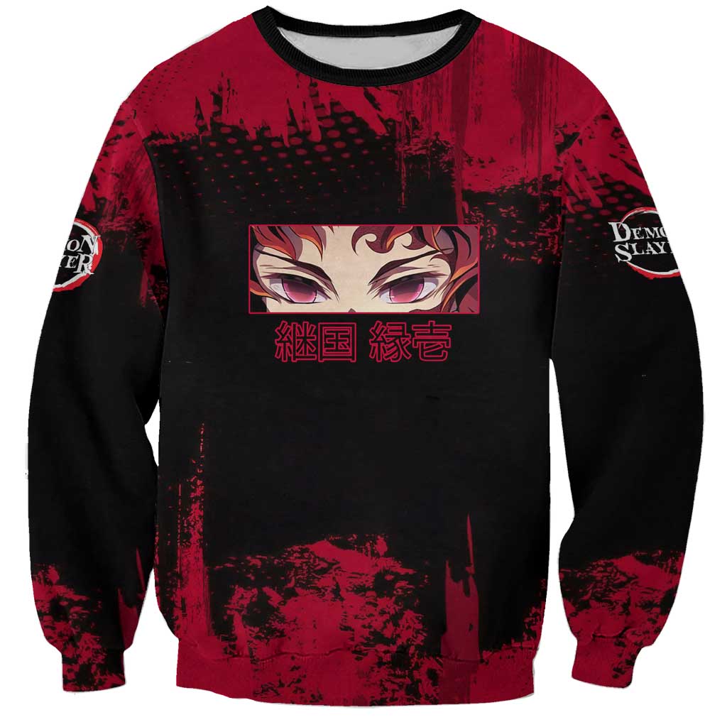 Yoriichi Tsugikuni Demon Slayer Red Grunge Design Sweatshirt with Intense Eyes and Sword Stance - The Mazicc