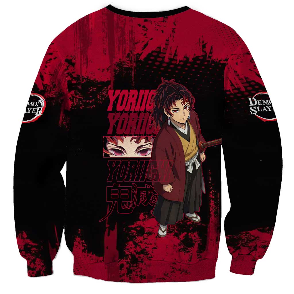 Yoriichi Tsugikuni Demon Slayer Red Grunge Design Sweatshirt with Intense Eyes and Sword Stance - The Mazicc
