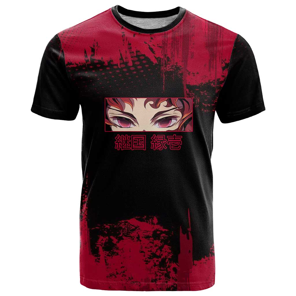 Yoriichi Tsugikuni Demon Slayer Red Grunge Design T Shirt with Intense Eyes and Sword Stance - The Mazicc