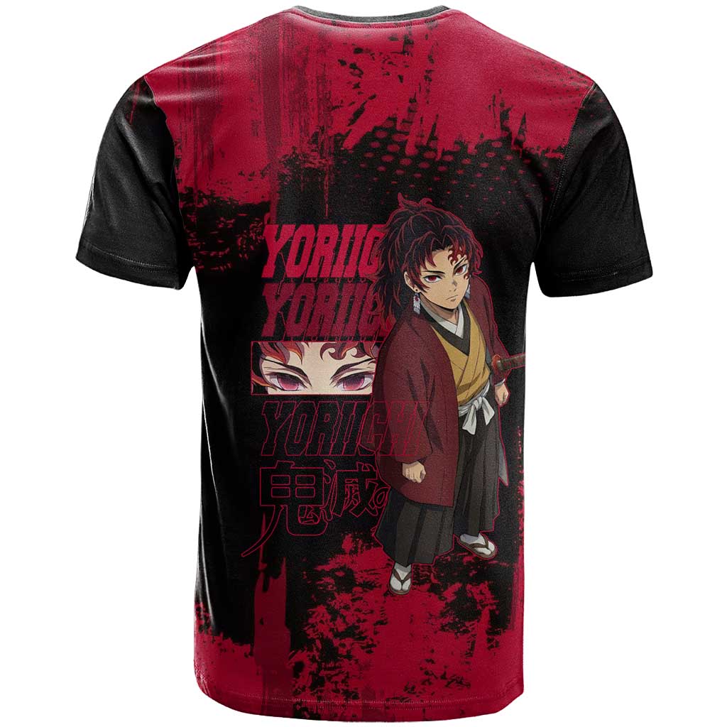 Yoriichi Tsugikuni Demon Slayer Red Grunge Design T Shirt with Intense Eyes and Sword Stance - The Mazicc
