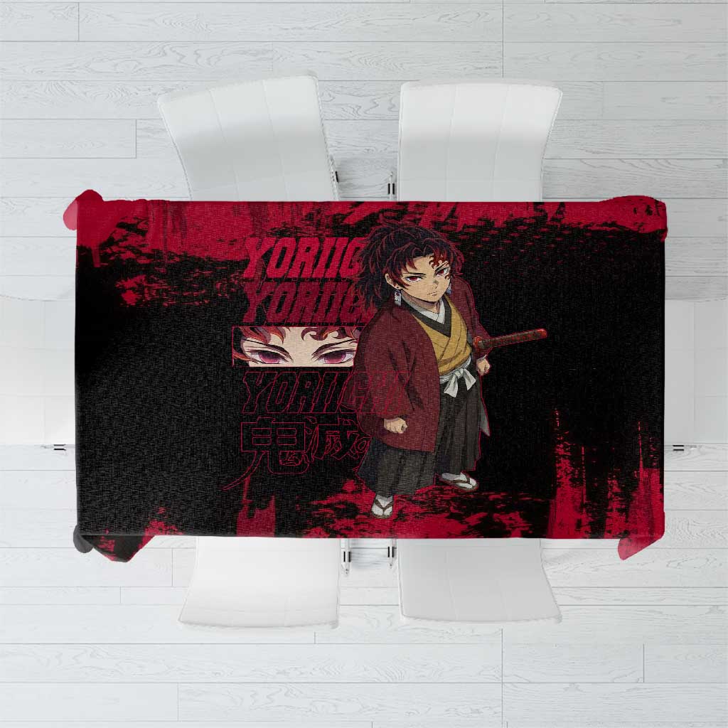 Yoriichi Tsugikuni Demon Slayer Red Grunge Design Tablecloth with Intense Eyes and Sword Stance - The Mazicc