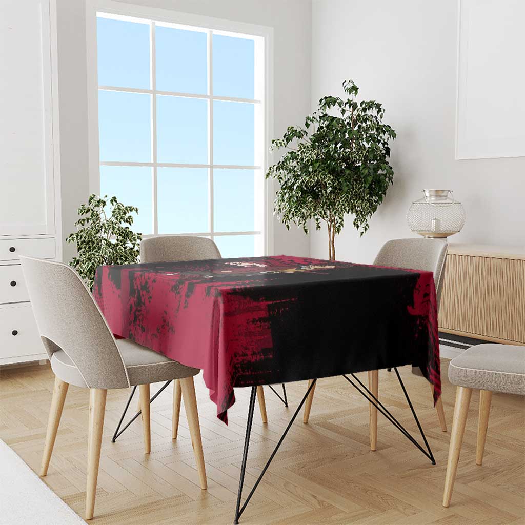 Yoriichi Tsugikuni Demon Slayer Red Grunge Design Tablecloth with Intense Eyes and Sword Stance - The Mazicc