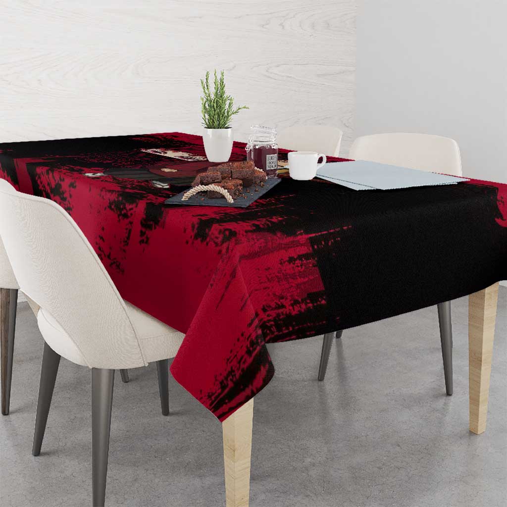 Yoriichi Tsugikuni Demon Slayer Red Grunge Design Tablecloth with Intense Eyes and Sword Stance - The Mazicc