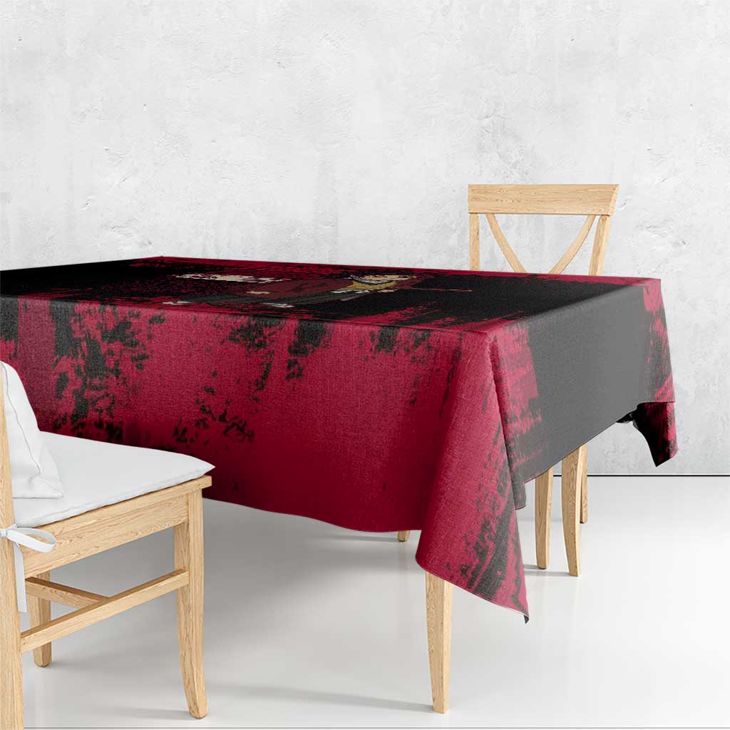 Yoriichi Tsugikuni Demon Slayer Red Grunge Design Tablecloth with Intense Eyes and Sword Stance - The Mazicc