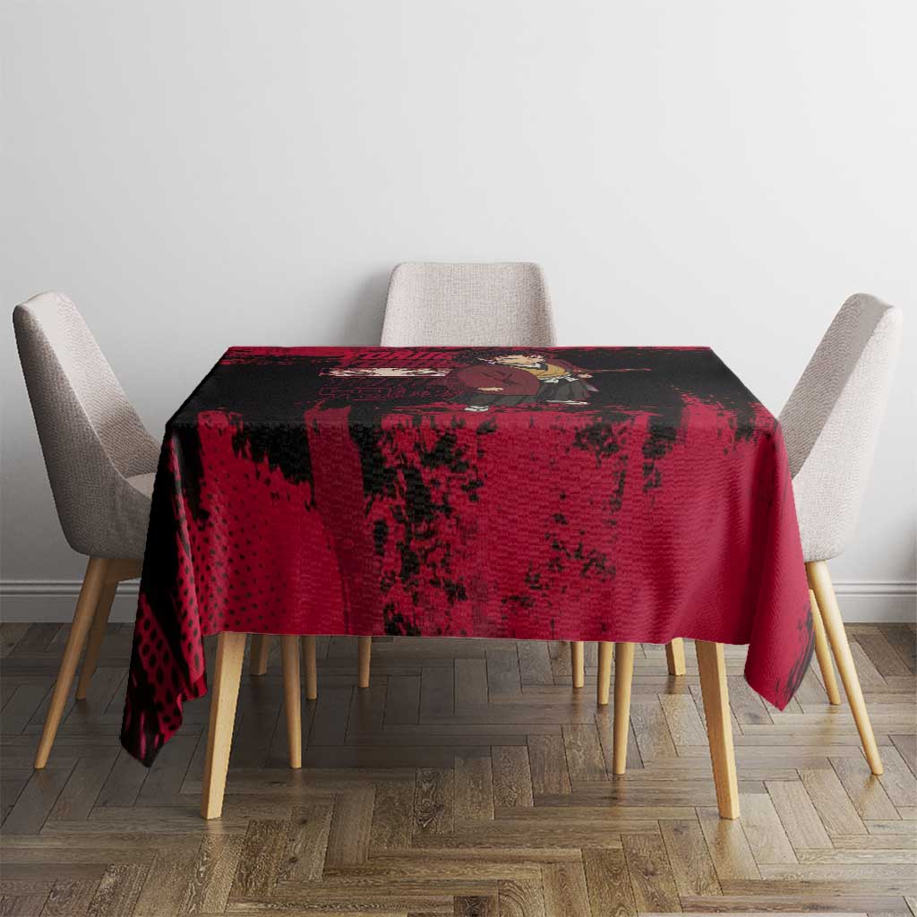 Yoriichi Tsugikuni Demon Slayer Red Grunge Design Tablecloth with Intense Eyes and Sword Stance - The Mazicc