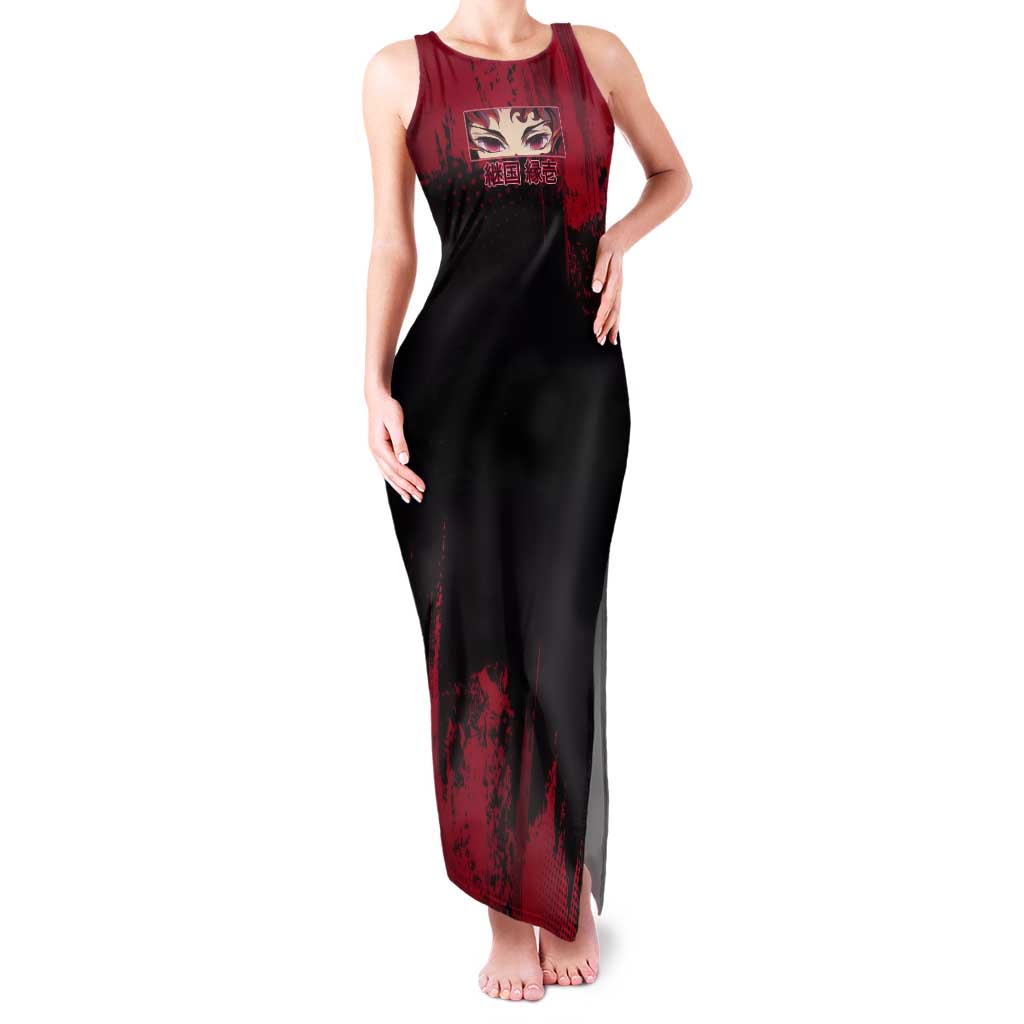 Yoriichi Tsugikuni Demon Slayer Red Grunge Design Tank Maxi Dress with Intense Eyes and Sword Stance - The Mazicc