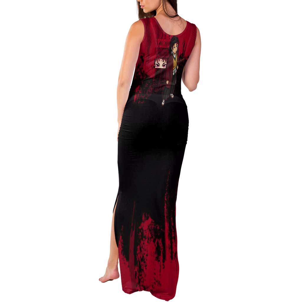 Yoriichi Tsugikuni Demon Slayer Red Grunge Design Tank Maxi Dress with Intense Eyes and Sword Stance - The Mazicc
