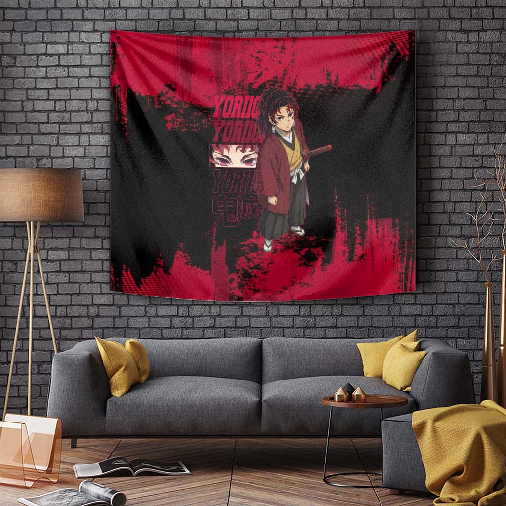 Yoriichi Tsugikuni Demon Slayer Red Grunge Design Tapestry with Intense Eyes and Sword Stance - The Mazicc