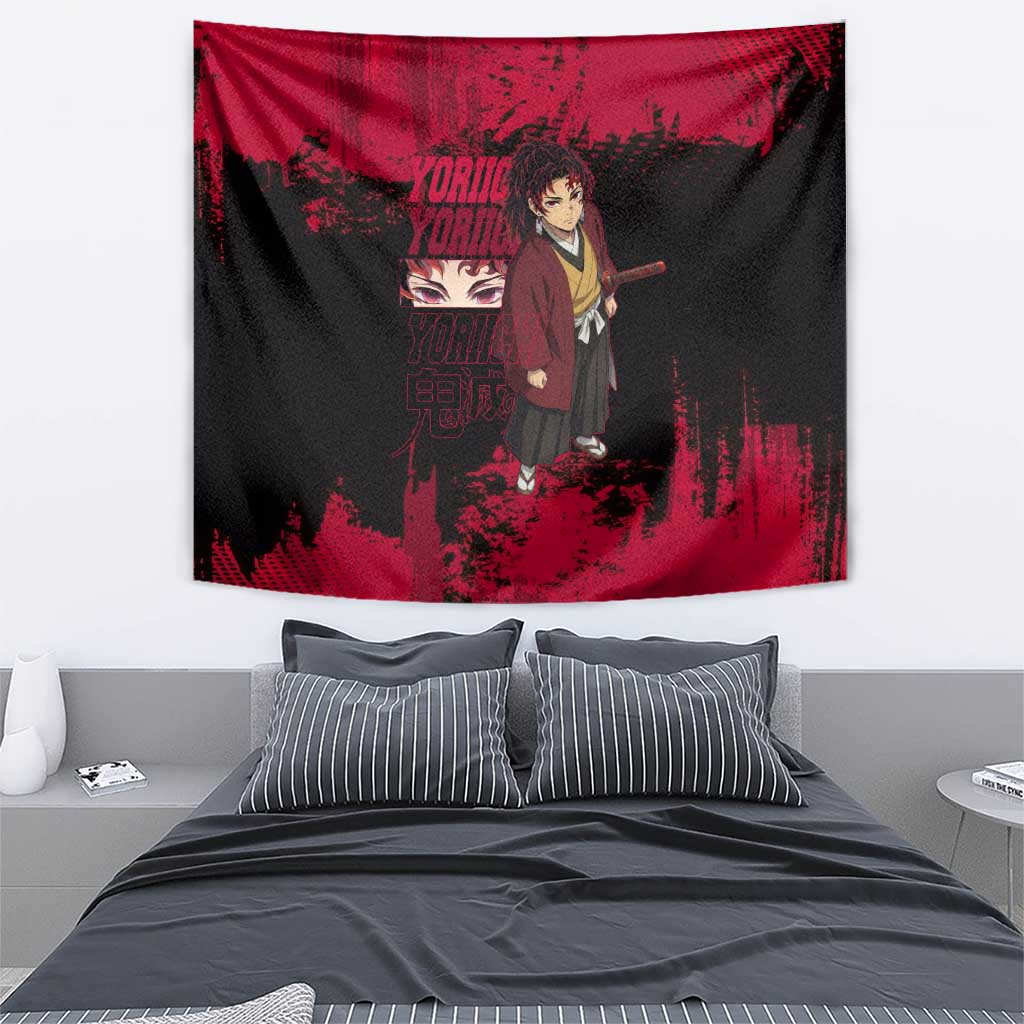 Yoriichi Tsugikuni Demon Slayer Red Grunge Design Tapestry with Intense Eyes and Sword Stance - The Mazicc