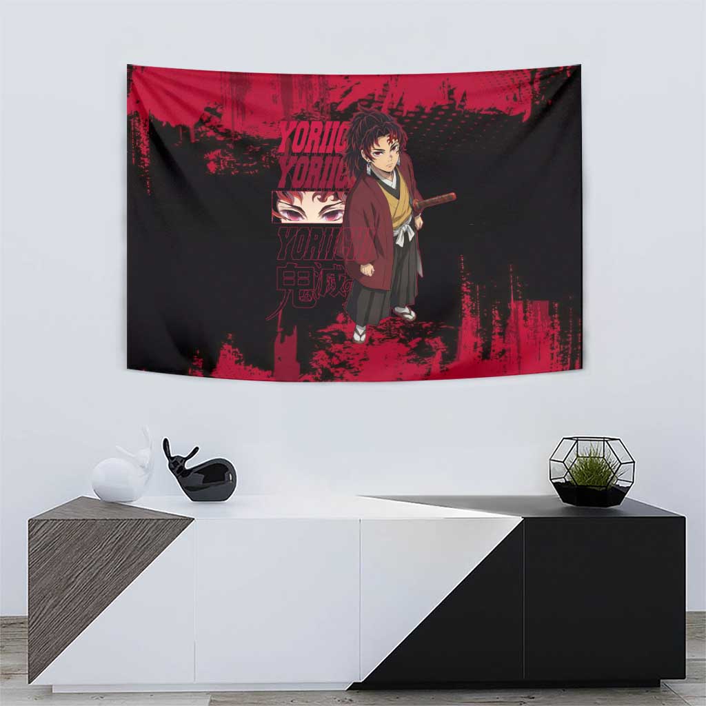 Yoriichi Tsugikuni Demon Slayer Red Grunge Design Tapestry with Intense Eyes and Sword Stance - The Mazicc