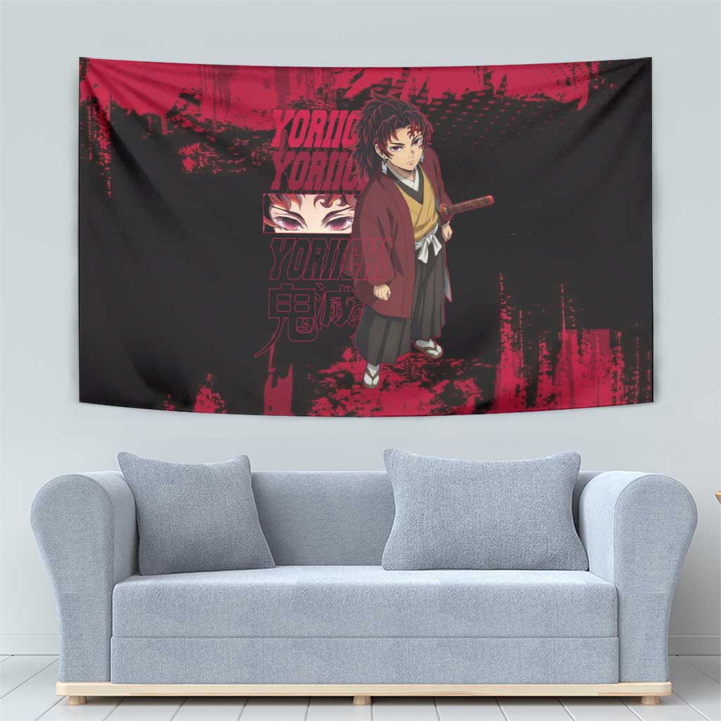 Yoriichi Tsugikuni Demon Slayer Red Grunge Design Tapestry with Intense Eyes and Sword Stance - The Mazicc