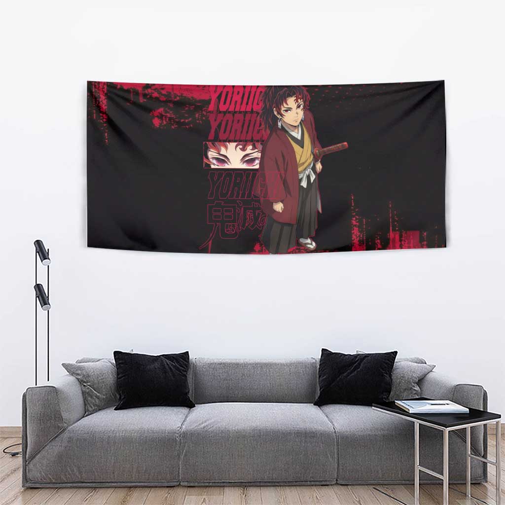 Yoriichi Tsugikuni Demon Slayer Red Grunge Design Tapestry with Intense Eyes and Sword Stance - The Mazicc