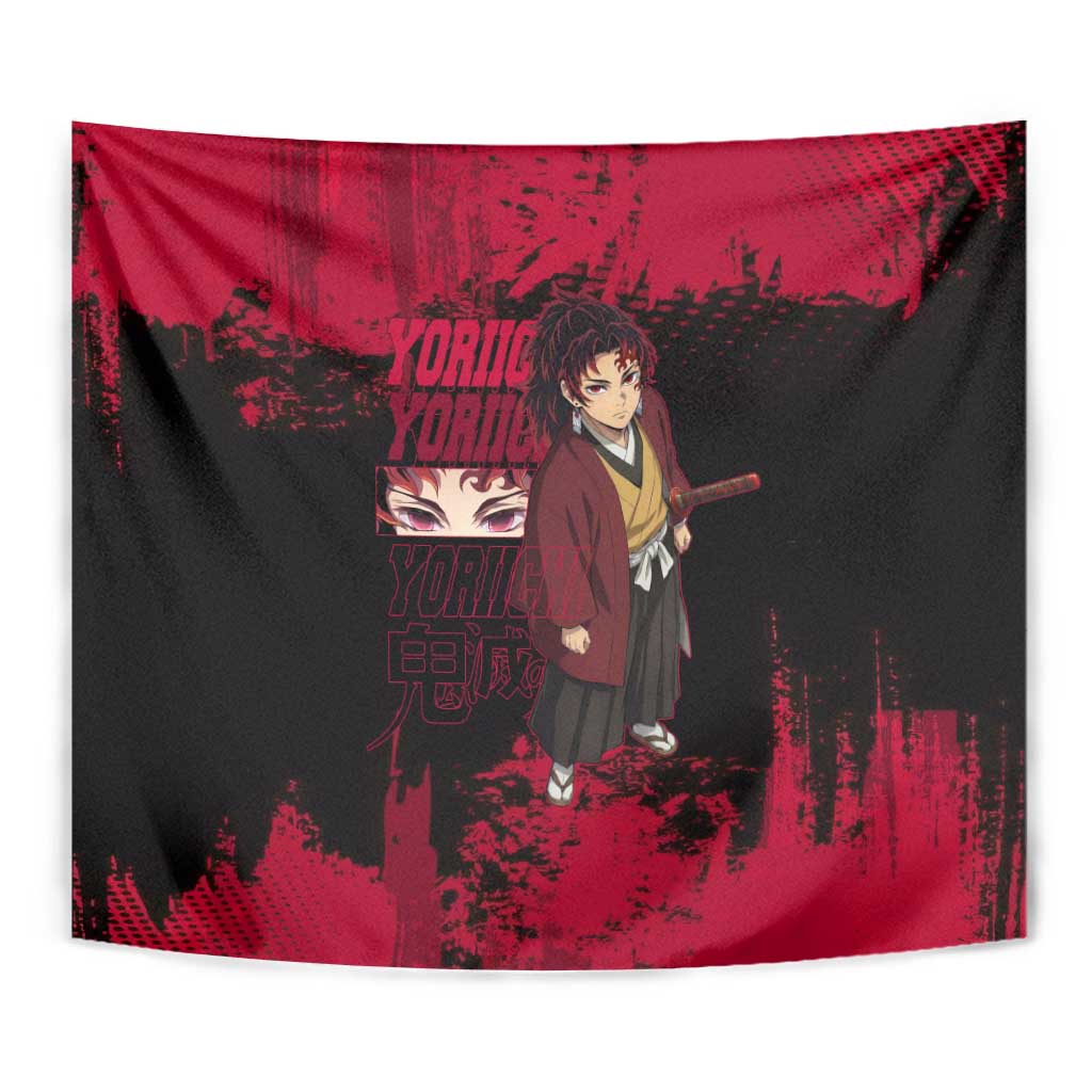 Yoriichi Tsugikuni Demon Slayer Red Grunge Design Tapestry with Intense Eyes and Sword Stance - The Mazicc