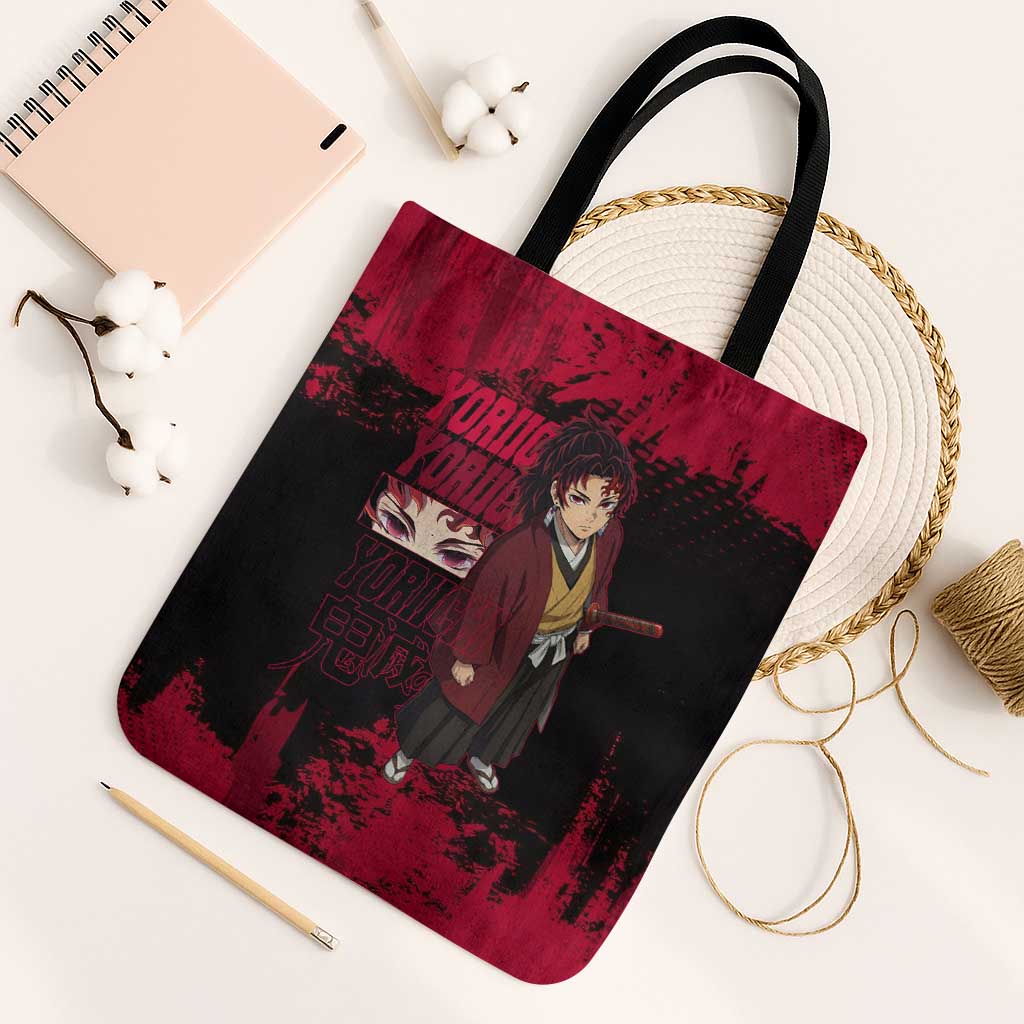 Yoriichi Tsugikuni Demon Slayer Red Grunge Design Tote Bag with Intense Eyes and Sword Stance - The Mazicc