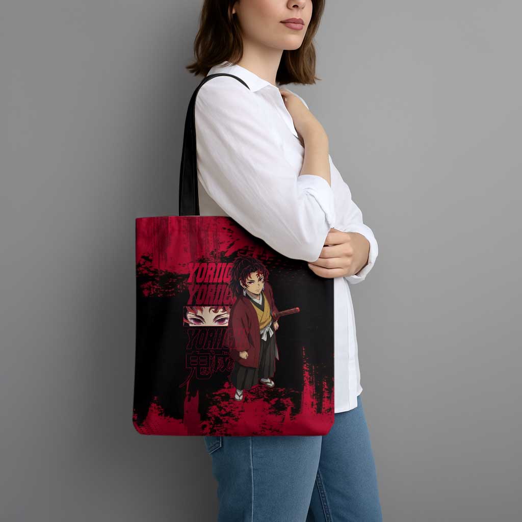 Yoriichi Tsugikuni Demon Slayer Red Grunge Design Tote Bag with Intense Eyes and Sword Stance - The Mazicc
