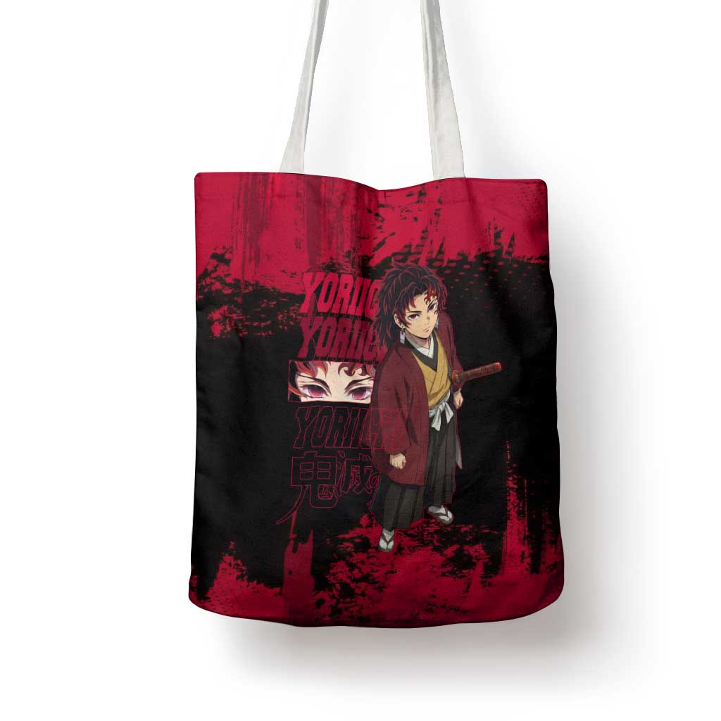 Yoriichi Tsugikuni Demon Slayer Red Grunge Design Tote Bag with Intense Eyes and Sword Stance - The Mazicc