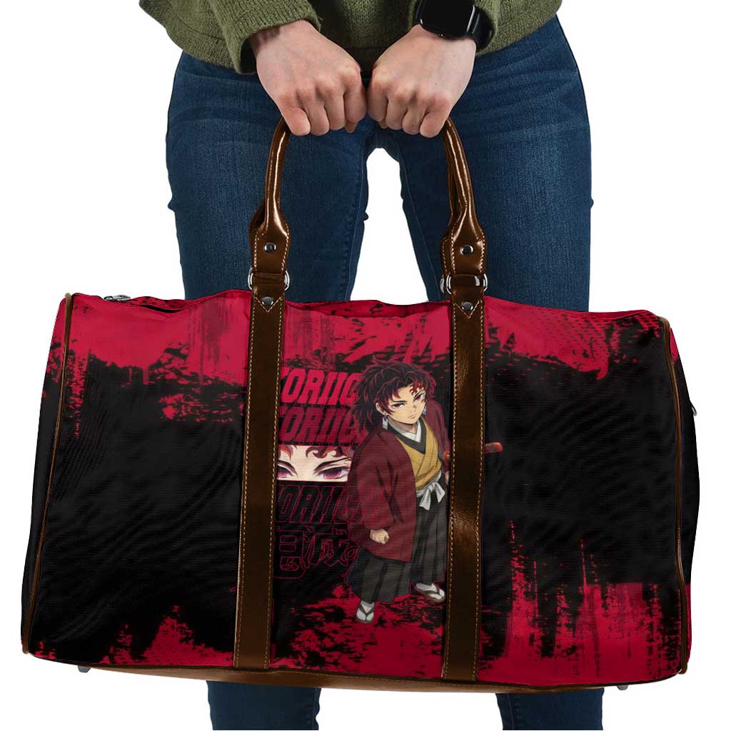 Yoriichi Tsugikuni Demon Slayer Red Grunge Design Travel Bag with Intense Eyes and Sword Stance - The Mazicc