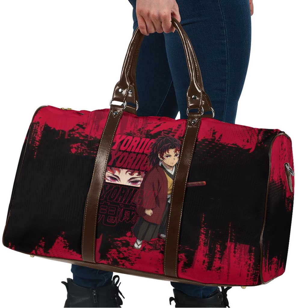 Yoriichi Tsugikuni Demon Slayer Red Grunge Design Travel Bag with Intense Eyes and Sword Stance - The Mazicc