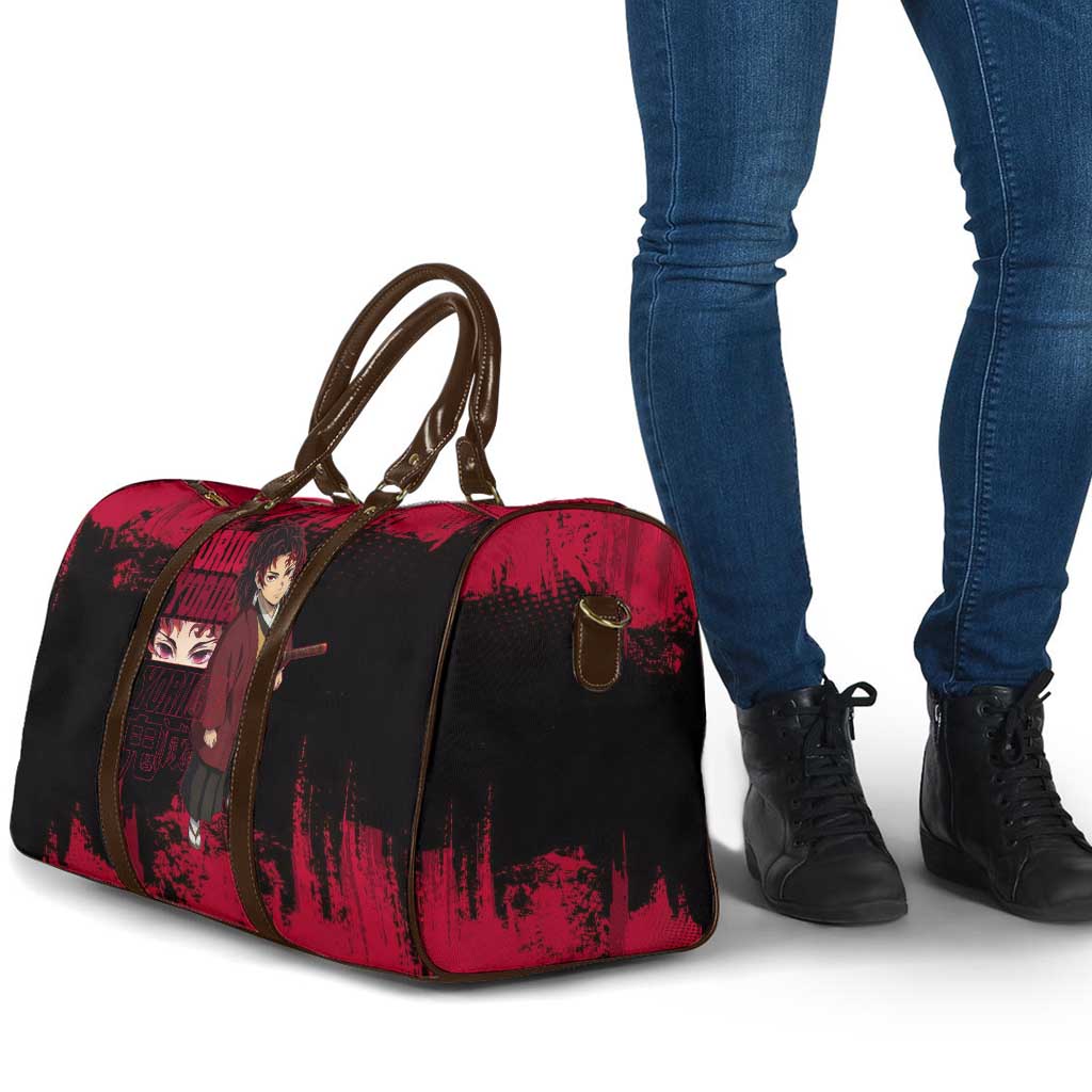 Yoriichi Tsugikuni Demon Slayer Red Grunge Design Travel Bag with Intense Eyes and Sword Stance - The Mazicc