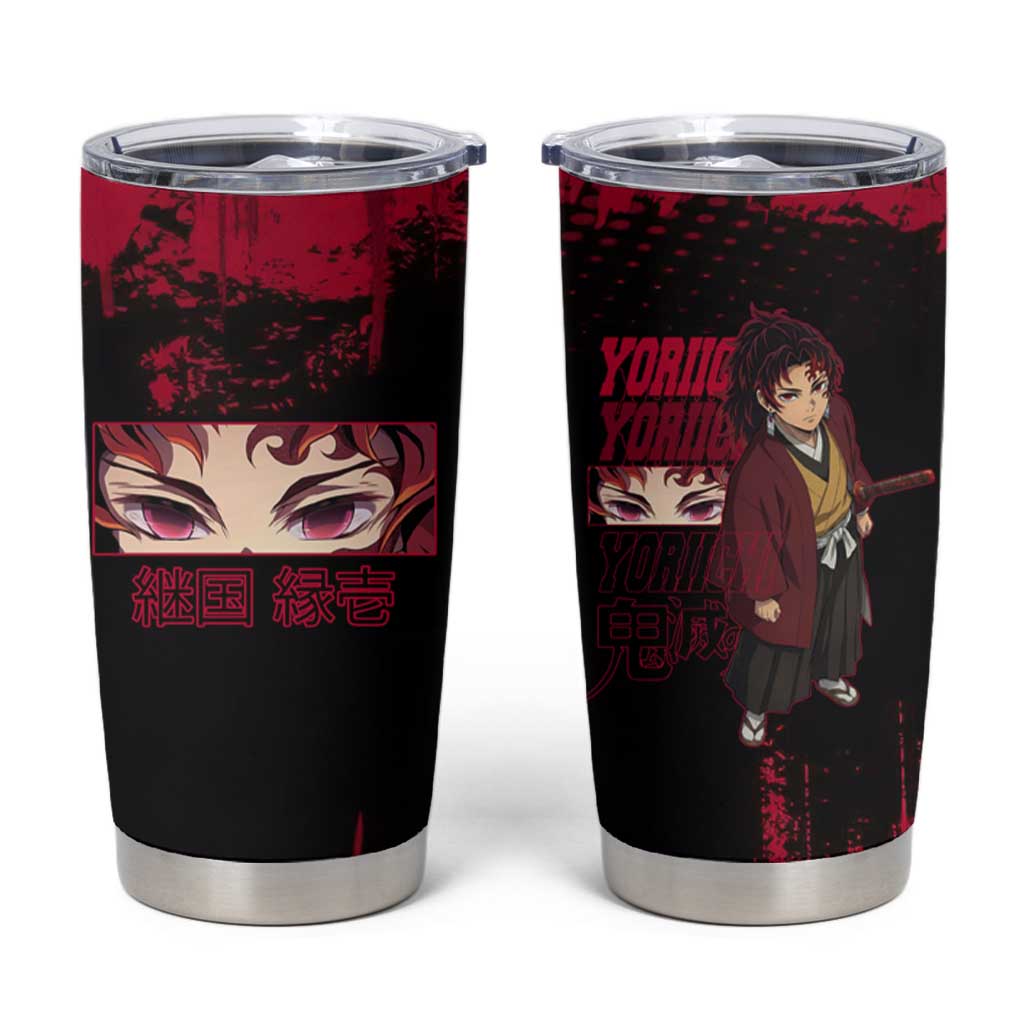 Yoriichi Tsugikuni Demon Slayer Red Grunge Design Tumbler Cup with Intense Eyes and Sword Stance - The Mazicc