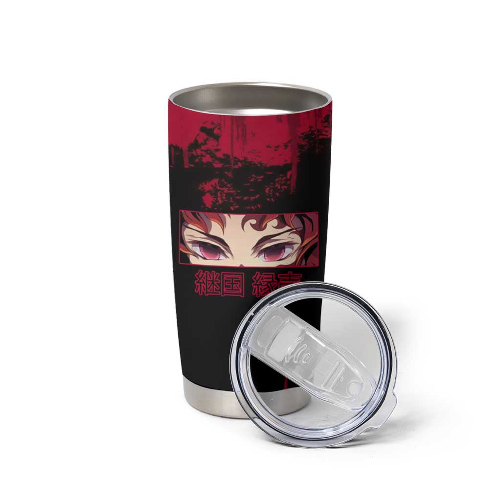 Yoriichi Tsugikuni Demon Slayer Red Grunge Design Tumbler Cup with Intense Eyes and Sword Stance - The Mazicc