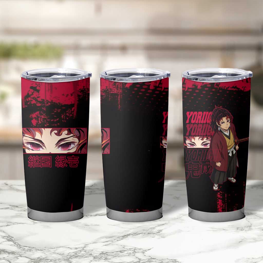 Yoriichi Tsugikuni Demon Slayer Red Grunge Design Tumbler Cup with Intense Eyes and Sword Stance - The Mazicc