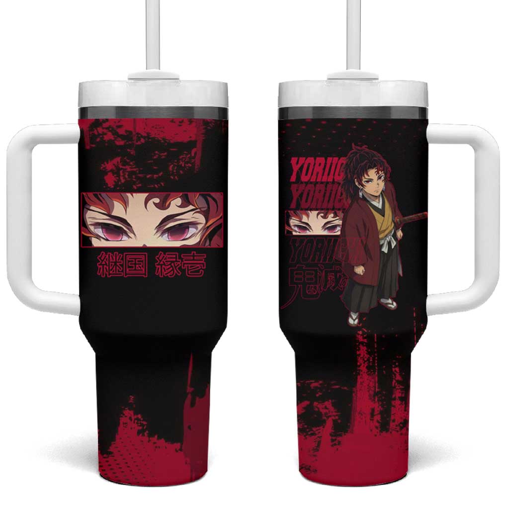 Yoriichi Tsugikuni Demon Slayer Red Grunge Design Tumbler With Handle with Intense Eyes and Sword Stance - The Mazicc