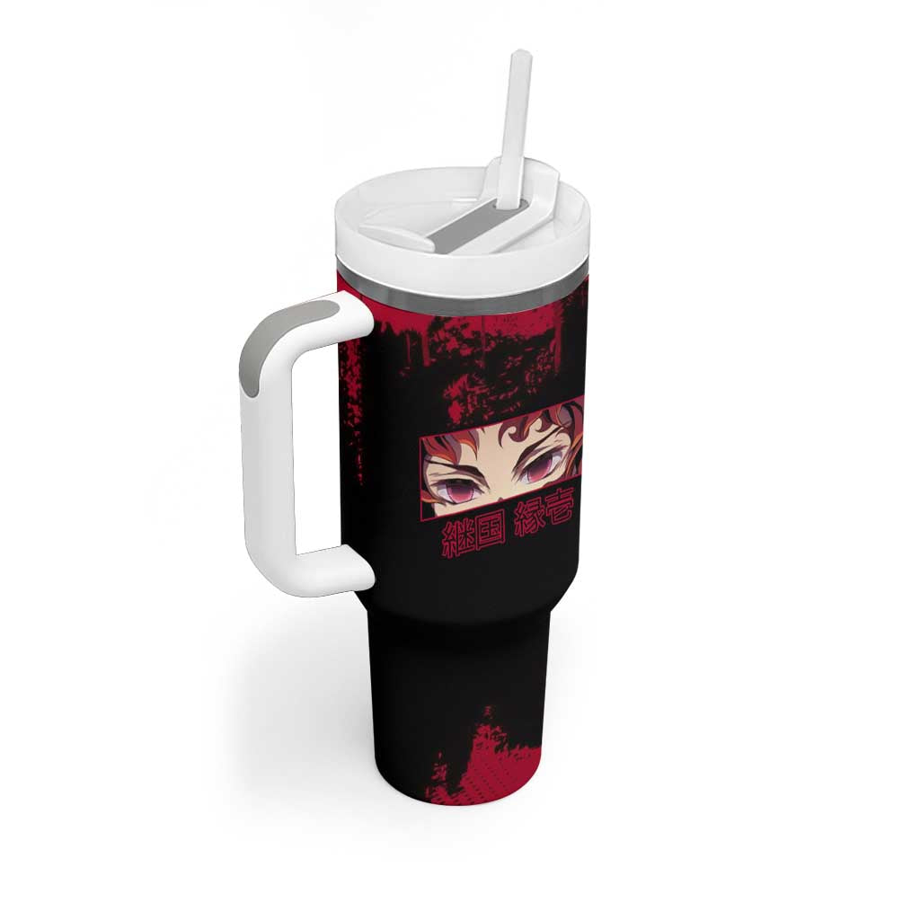 Yoriichi Tsugikuni Demon Slayer Red Grunge Design Tumbler With Handle with Intense Eyes and Sword Stance - The Mazicc