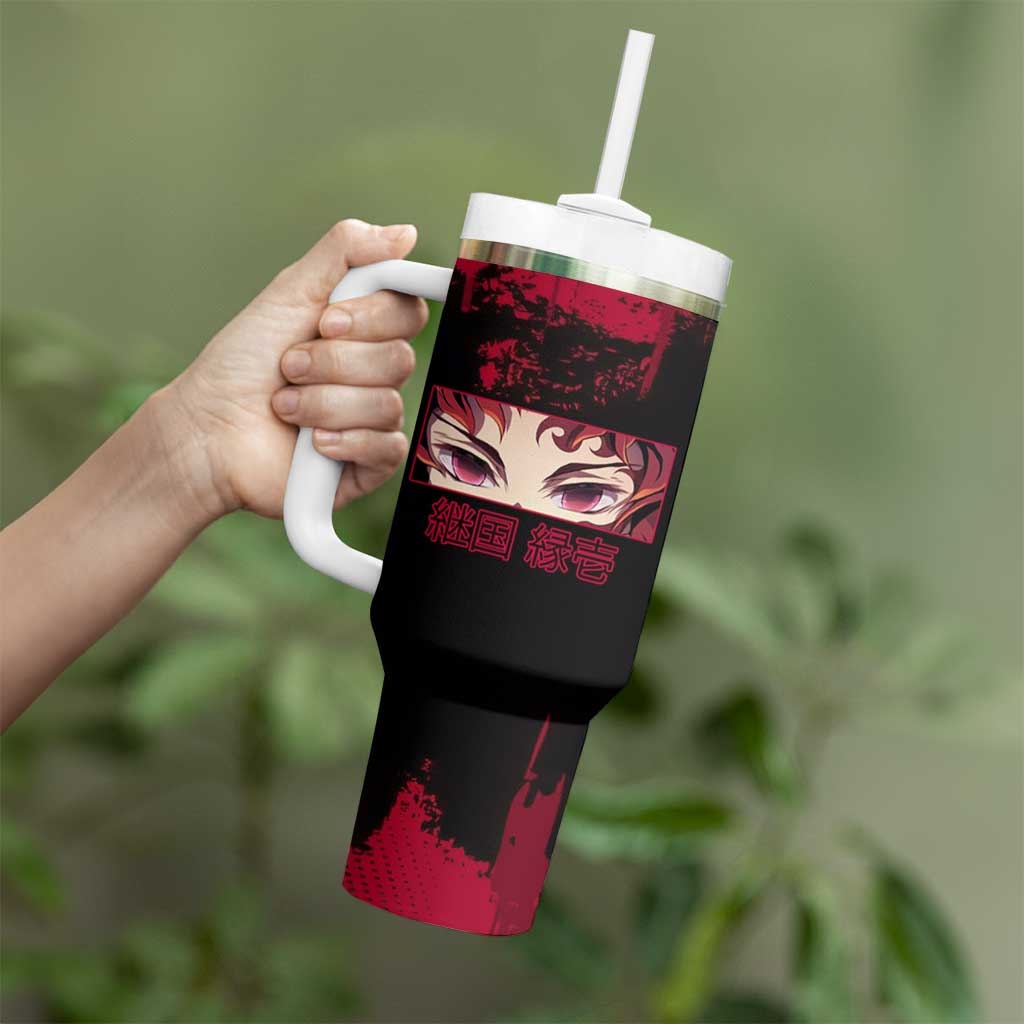 Yoriichi Tsugikuni Demon Slayer Red Grunge Design Tumbler With Handle with Intense Eyes and Sword Stance - The Mazicc