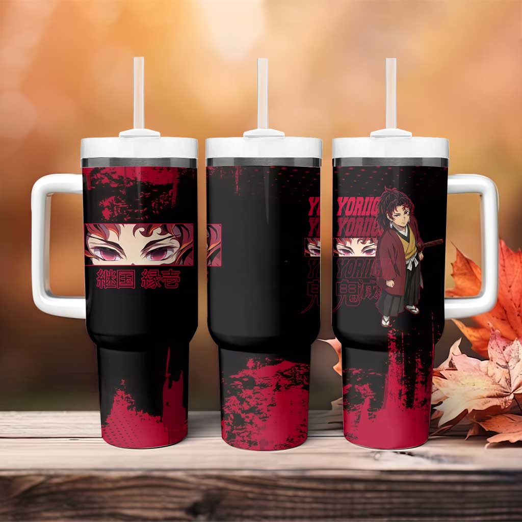 Yoriichi Tsugikuni Demon Slayer Red Grunge Design Tumbler With Handle with Intense Eyes and Sword Stance - The Mazicc