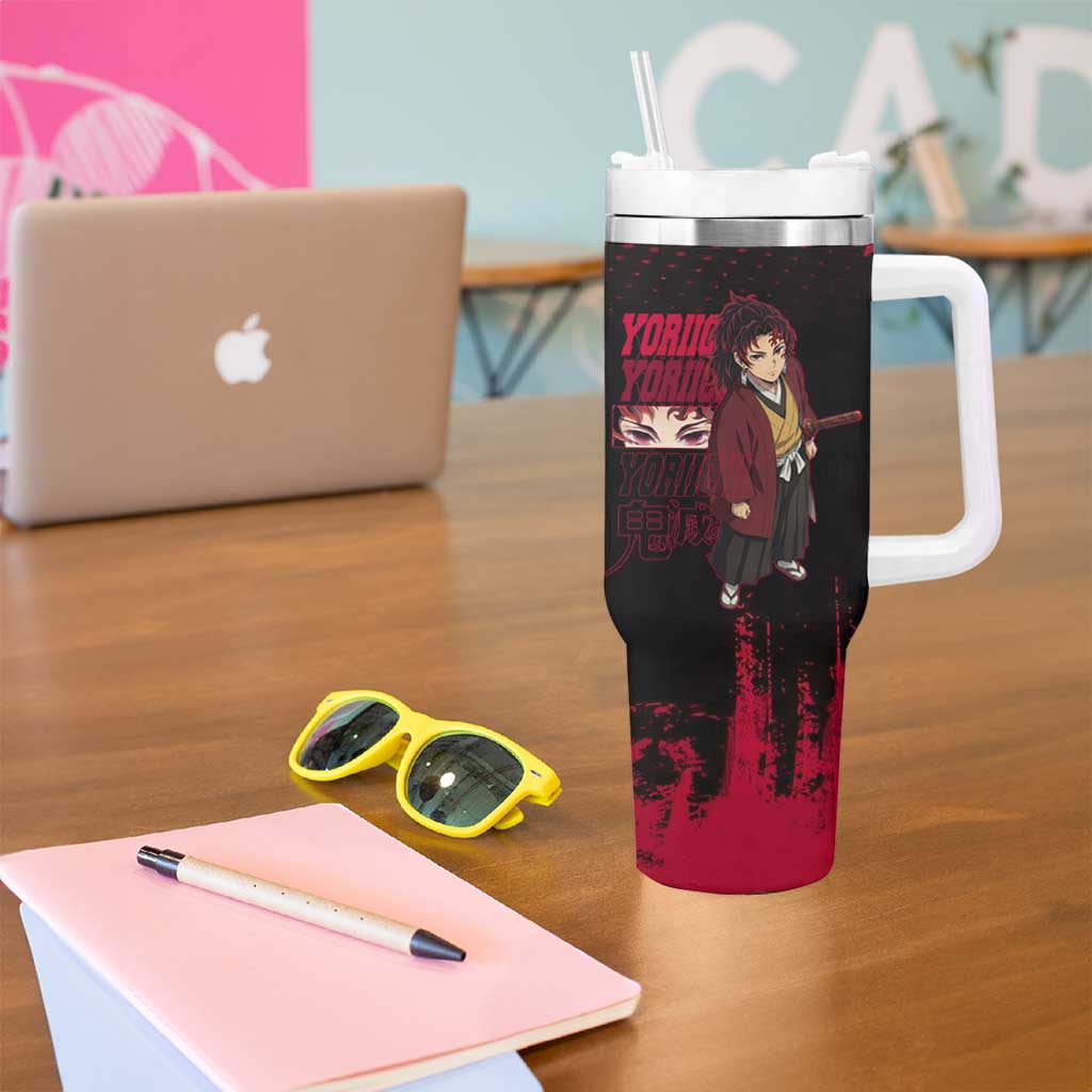 Yoriichi Tsugikuni Demon Slayer Red Grunge Design Tumbler With Handle with Intense Eyes and Sword Stance - The Mazicc