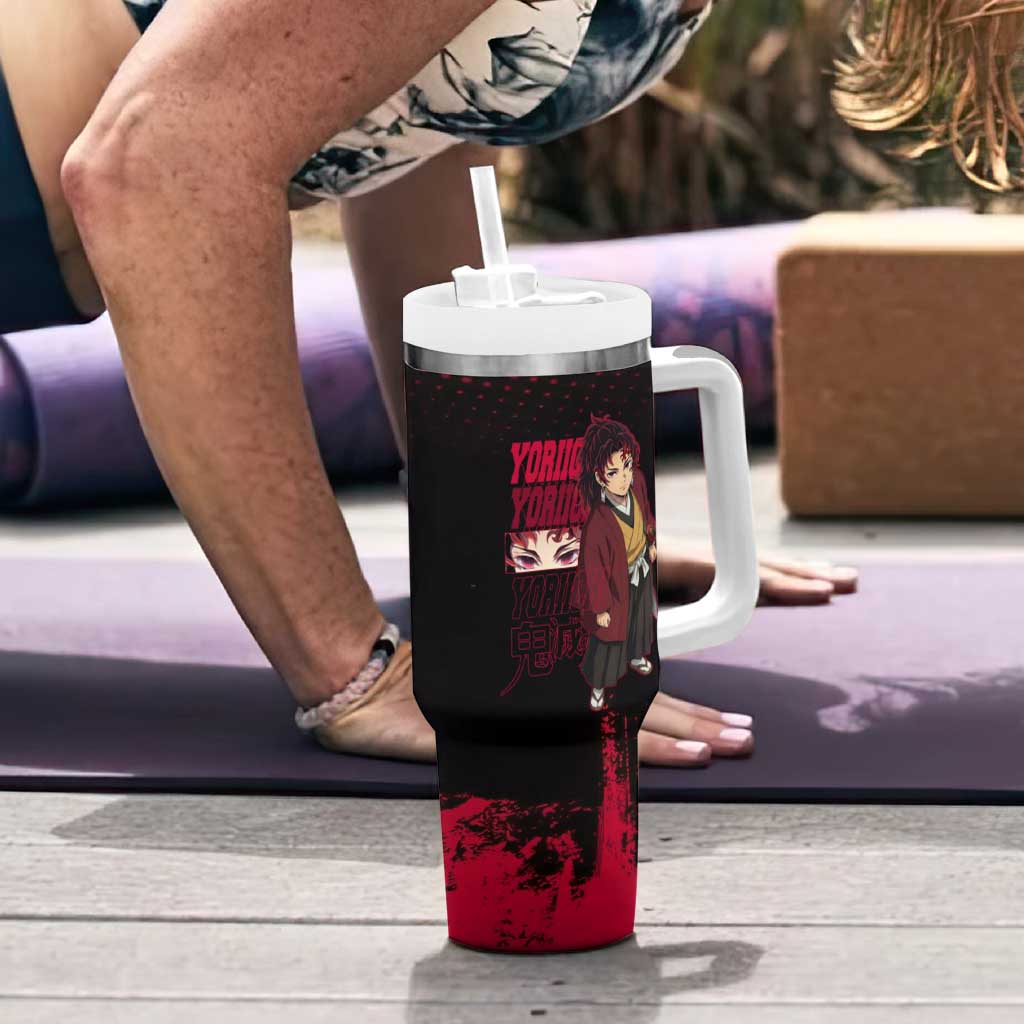 Yoriichi Tsugikuni Demon Slayer Red Grunge Design Tumbler With Handle with Intense Eyes and Sword Stance - The Mazicc